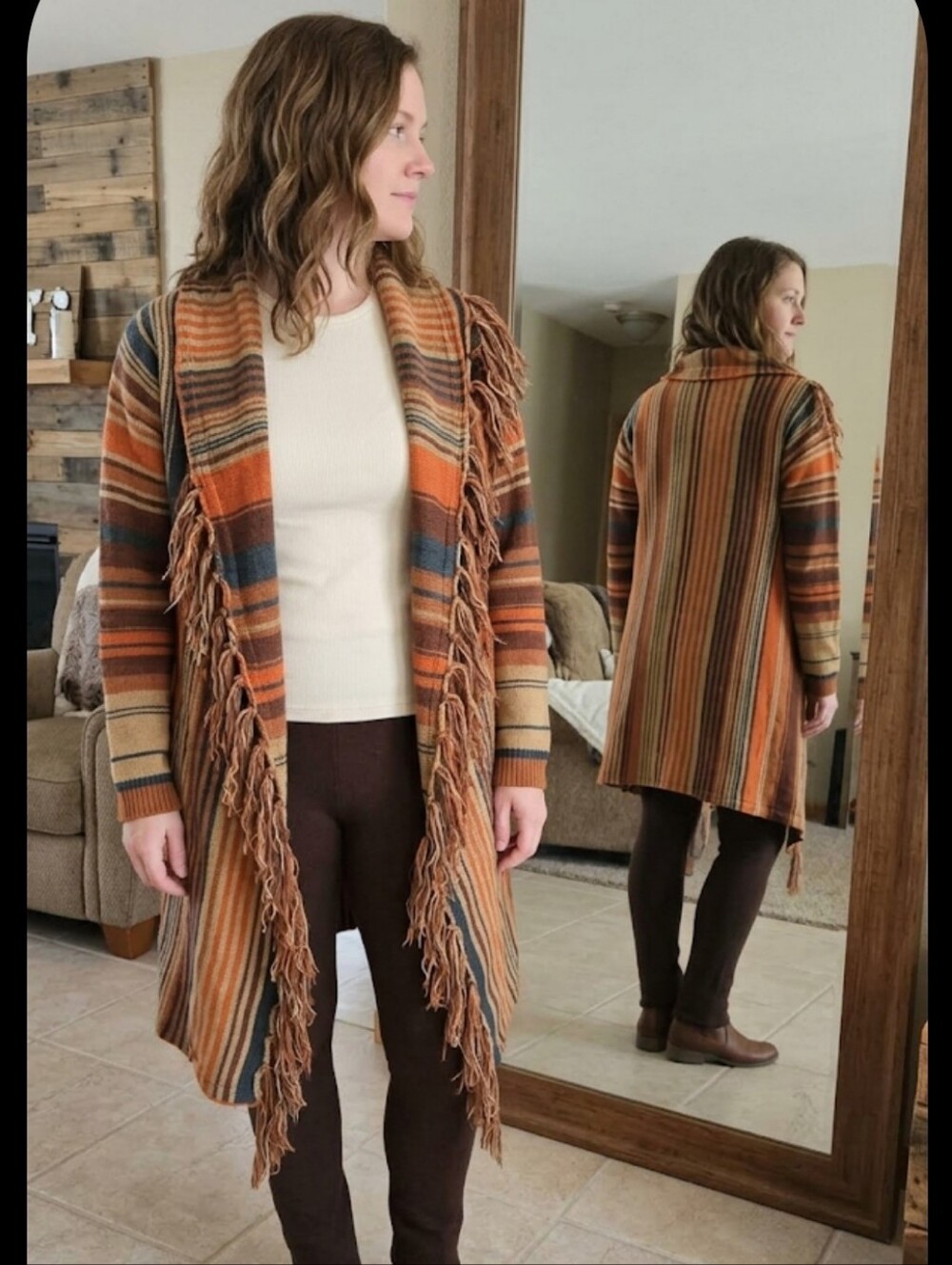 Striped Fringe Cardigan Sweater M Shawl/Wrap Front